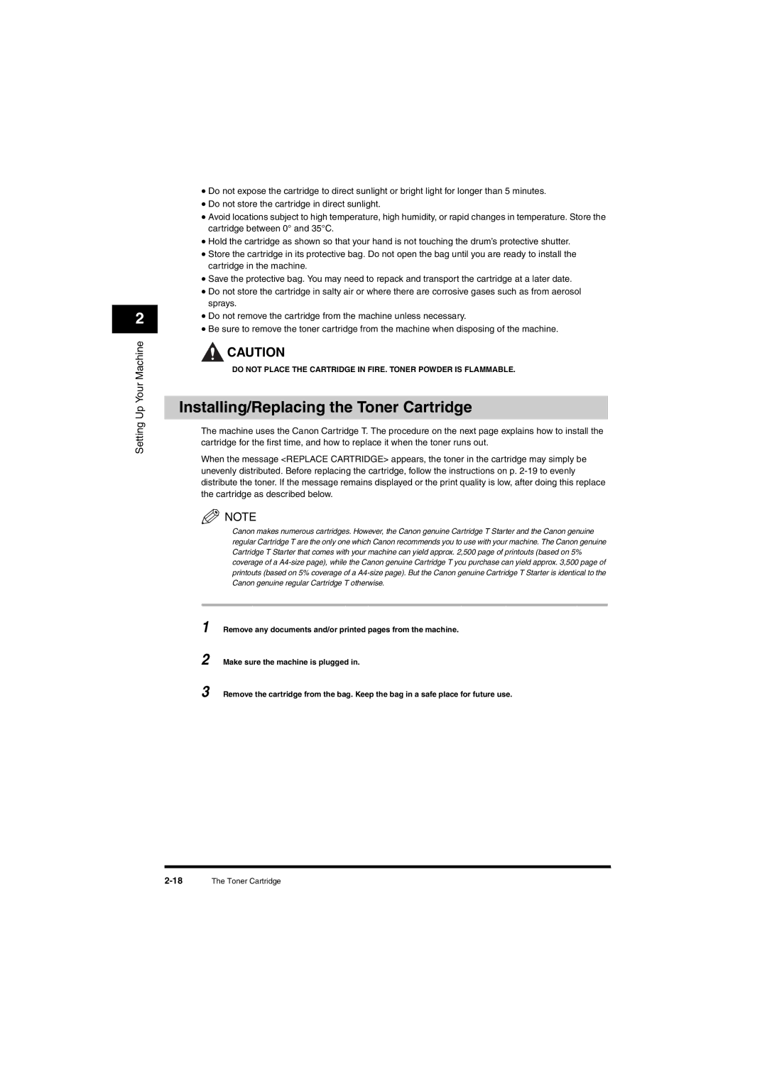 Canon L380S manual Installing/Replacing the Toner Cartridge 