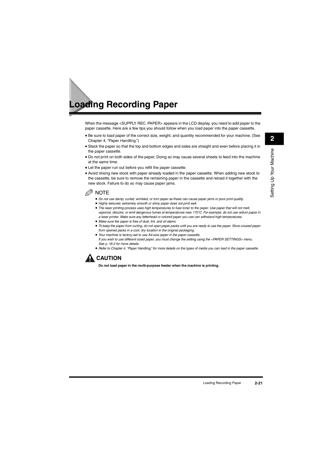 Canon L380S manual Loading Recording Paper 