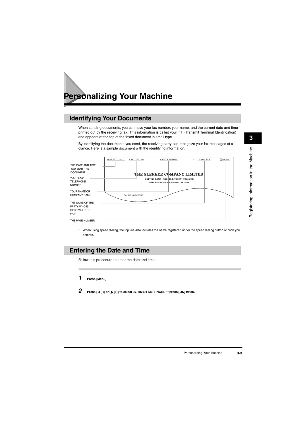 Canon L380S manual Personalizing Your Machine, Identifying Your Documents, Entering the Date and Time 