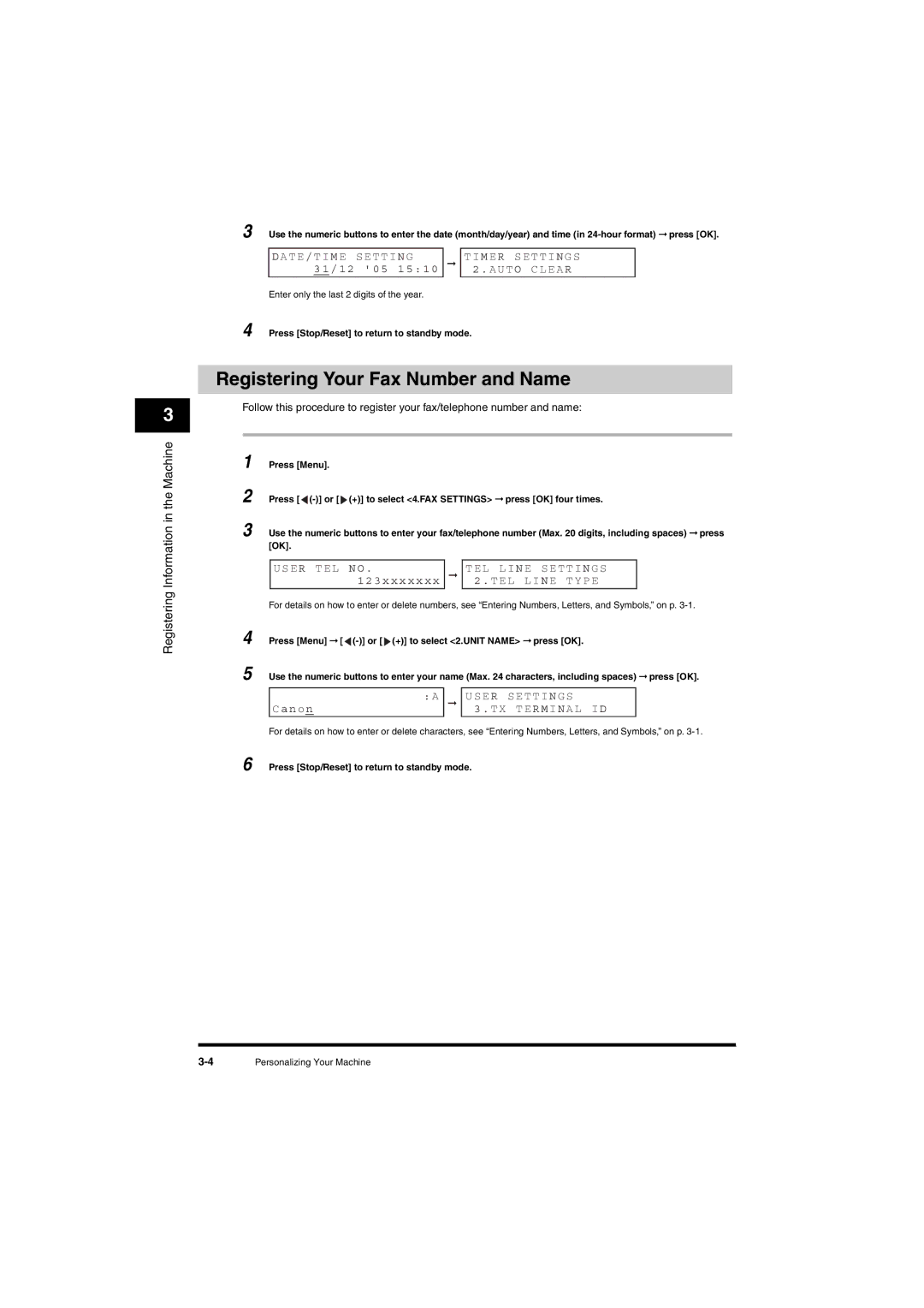 Canon L380S manual Registering Your Fax Number and Name, Imer S E T T I N G S, Press Stop/Reset to return to standby mode 