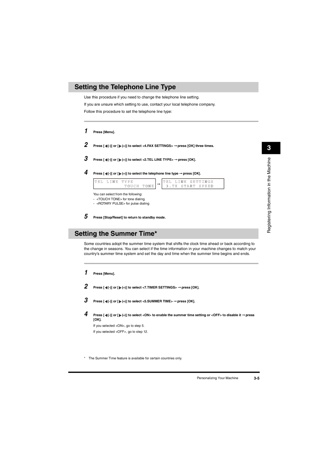 Canon L380S manual Setting the Telephone Line Type, Setting the Summer Time, El Li N E T Y P E 