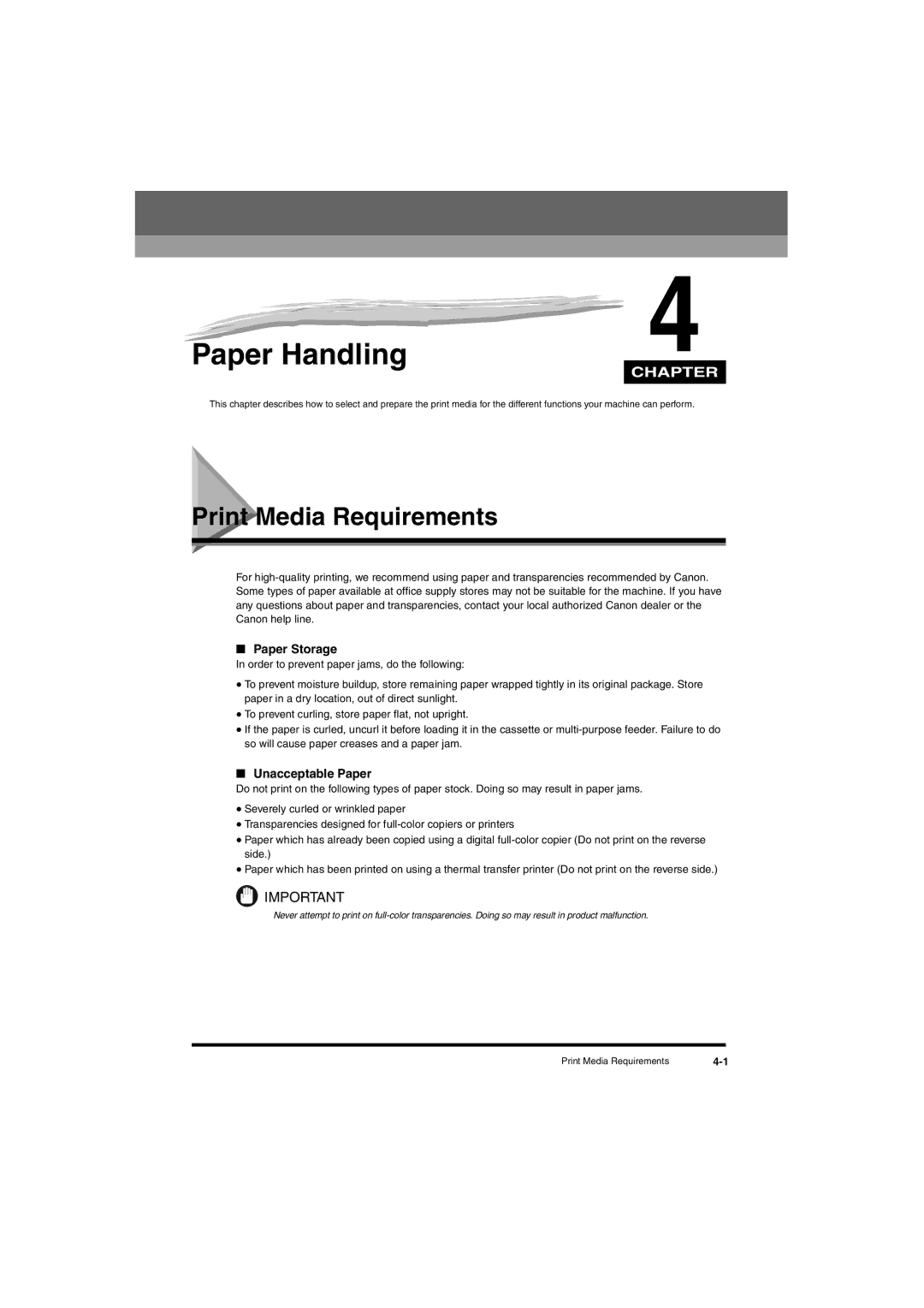 Canon L380S manual Paper Handling, Print Media Requirements, Paper Storage, Unacceptable Paper 