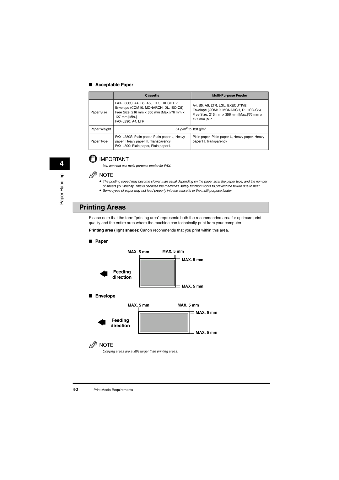 Canon L380S manual Printing Areas, Acceptable Paper, Feeding direction, Envelope 