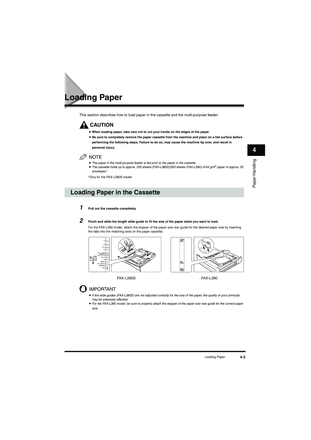 Canon L380S manual Loading Paper in the Cassette 