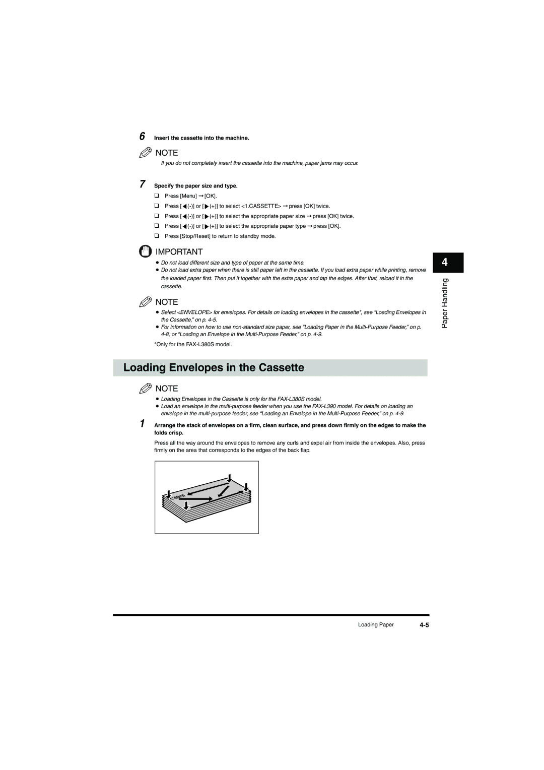 Canon L380S manual Loading Envelopes in the Cassette, Insert the cassette into the machine, Specify the paper size and type 