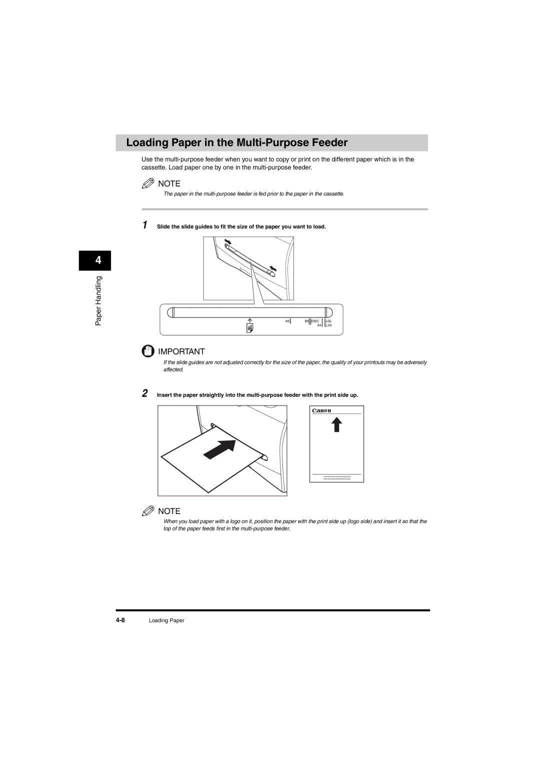 Canon L380S manual Loading Paper in the Multi-Purpose Feeder 