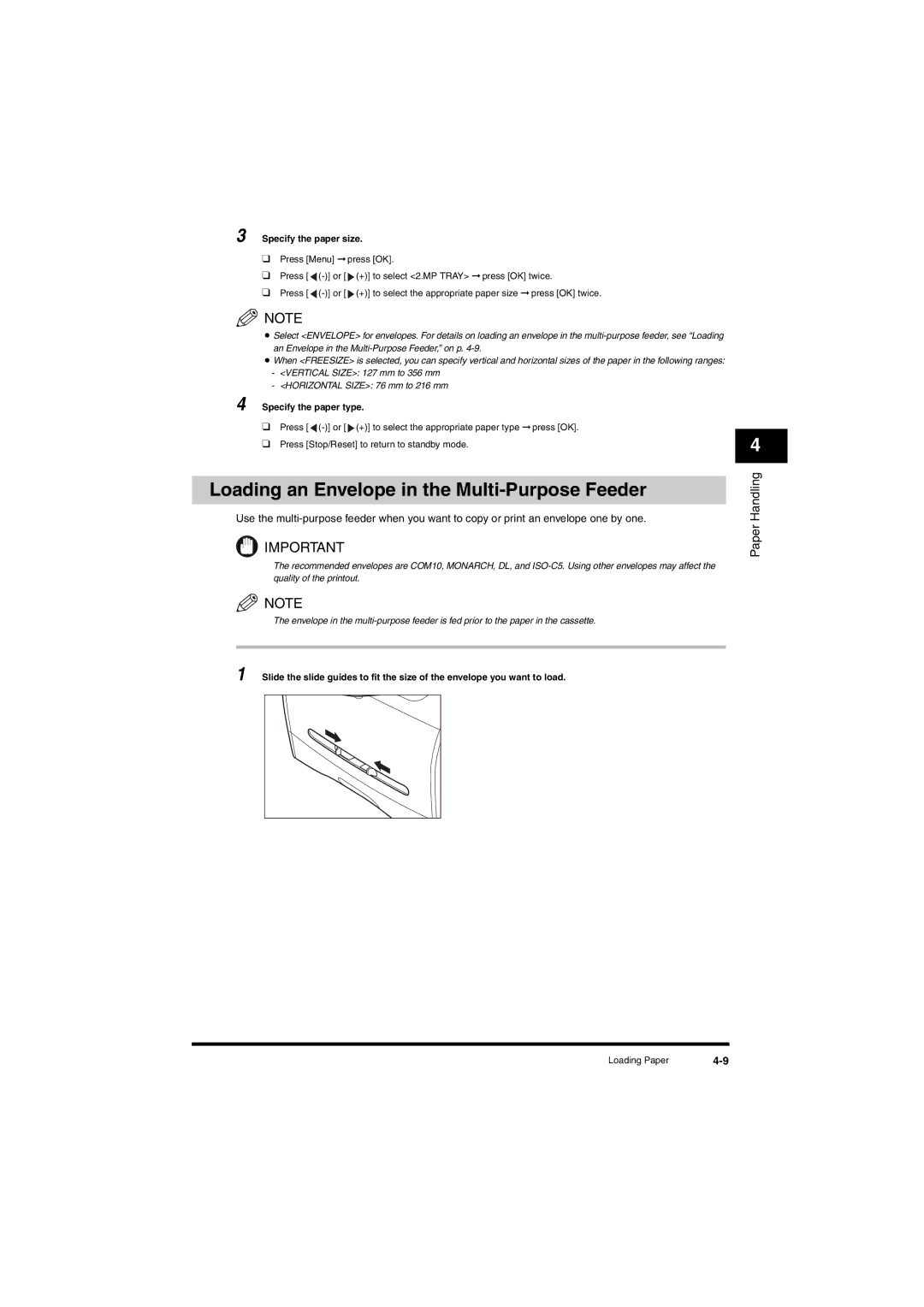 Canon L380S manual Loading an Envelope in the Multi-Purpose Feeder, Specify the paper size, Specify the paper type 