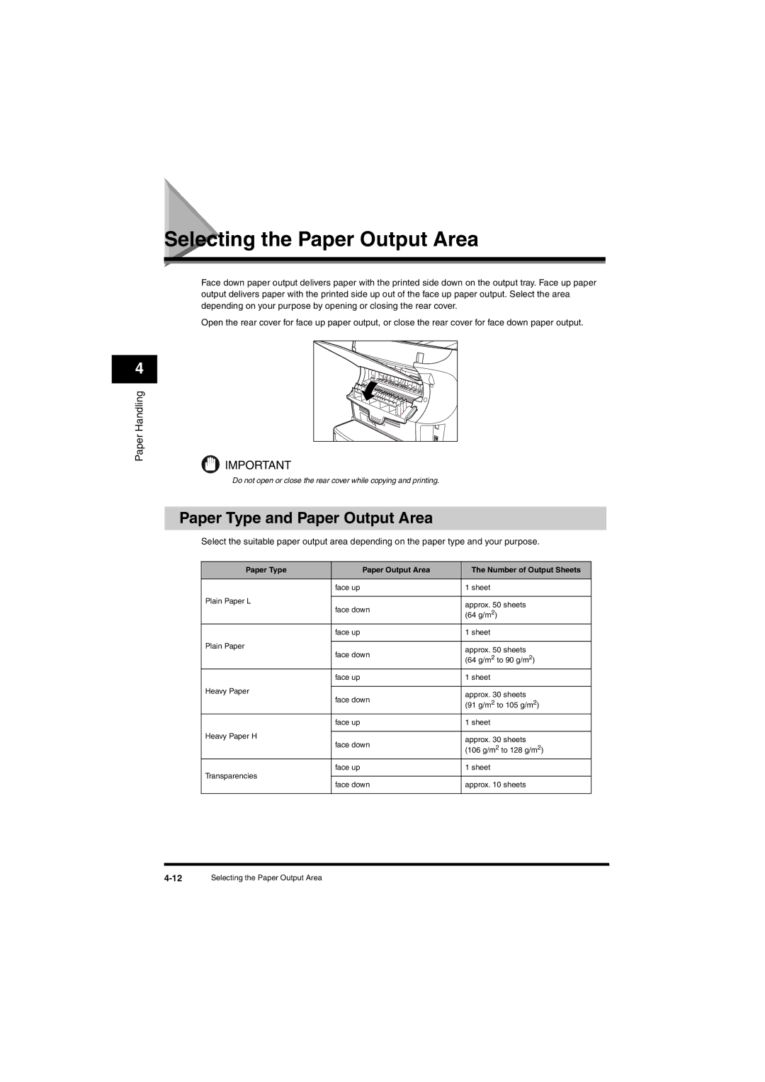 Canon L380S manual Selecting the Paper Output Area, Paper Type and Paper Output Area 