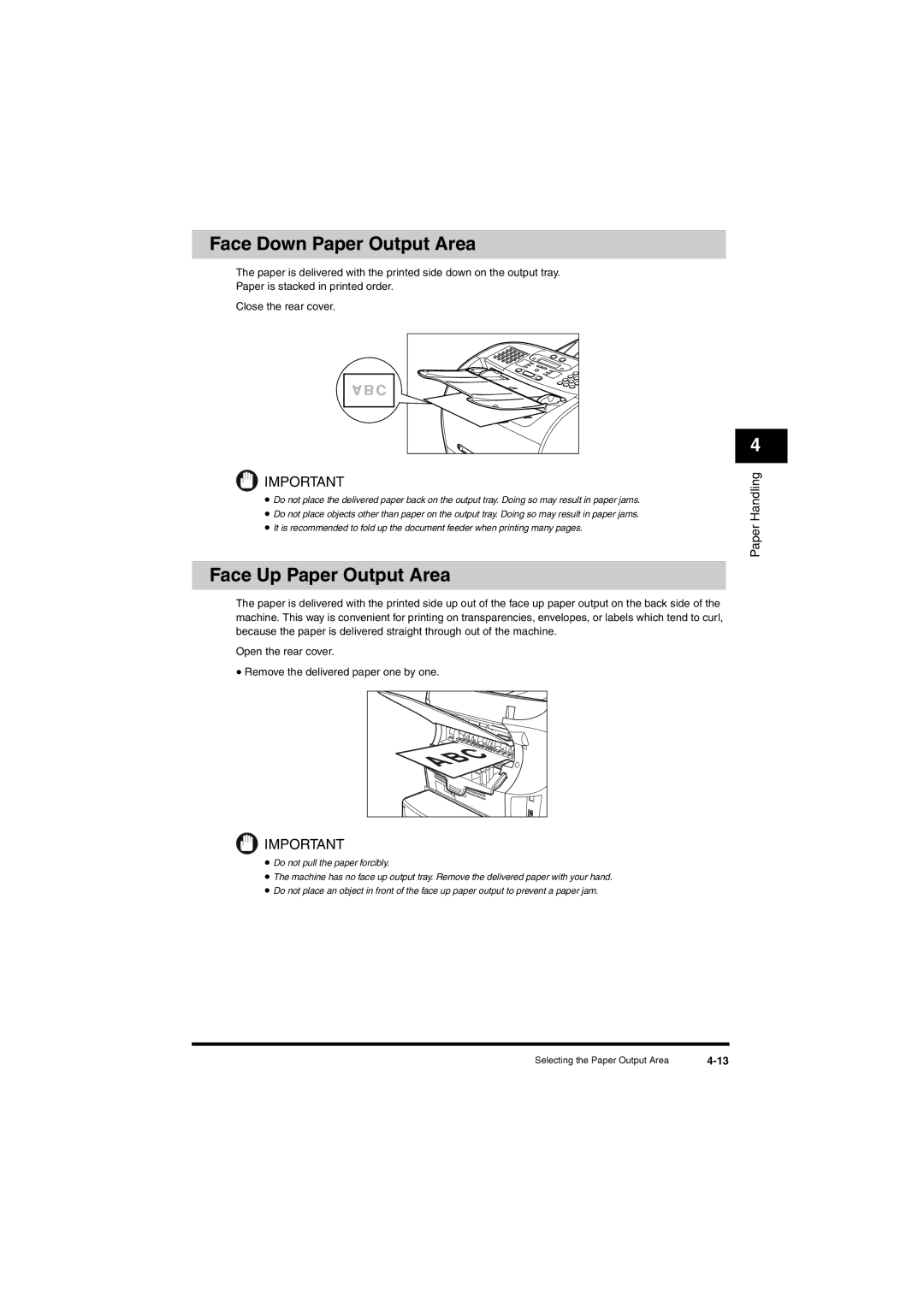 Canon L380S manual Face Down Paper Output Area, Face Up Paper Output Area 