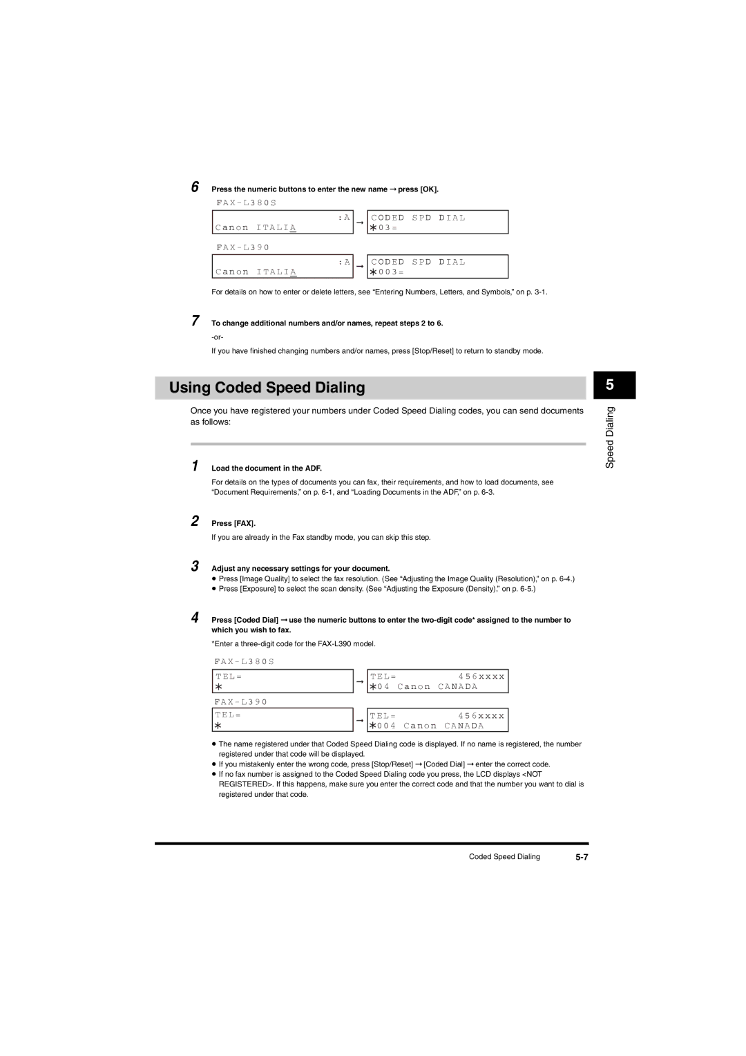 Canon L380S manual Using Coded Speed Dialing, Oded S P D D I a L 