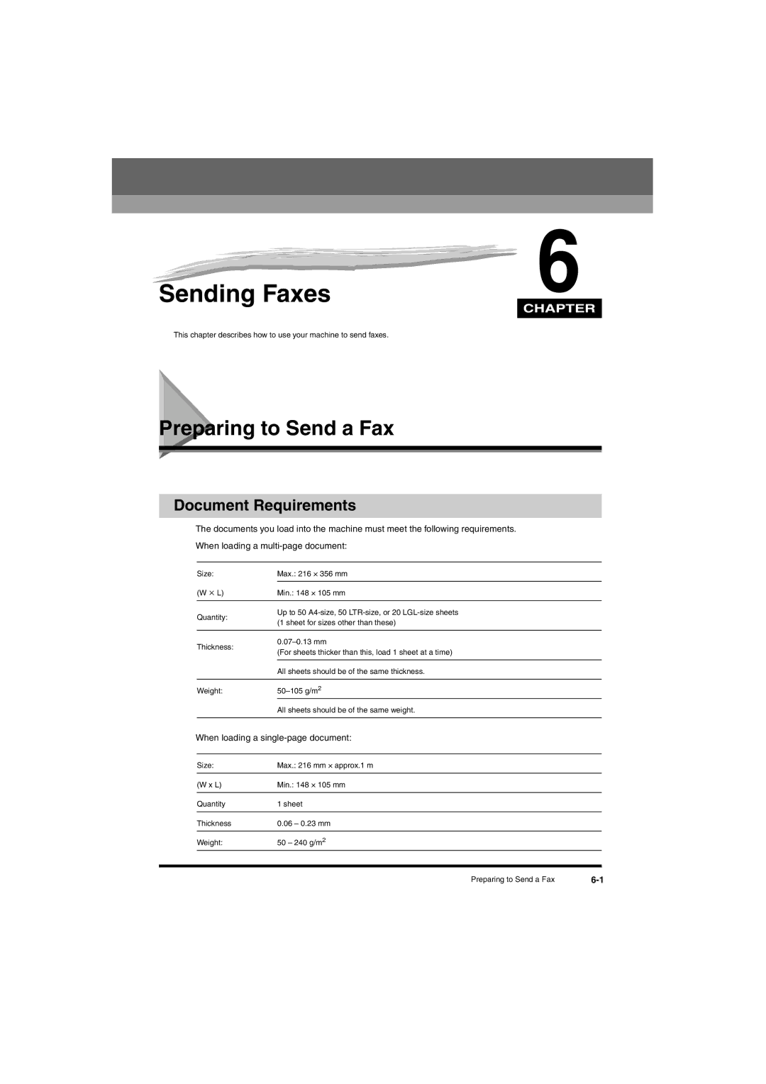 Canon L380S manual Sending Faxes, Preparing to Send a Fax, Document Requirements, When loading a single-page document 