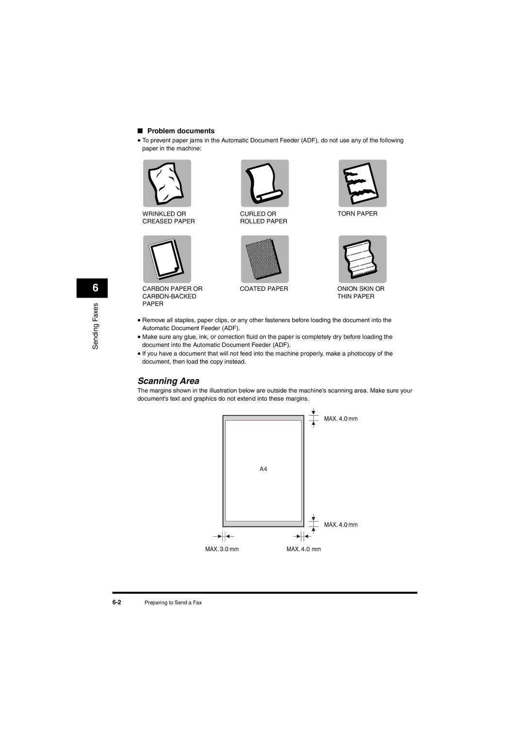 Canon L380S manual Scanning Area, Problem documents, CARBON-BACKED Thin Paper 