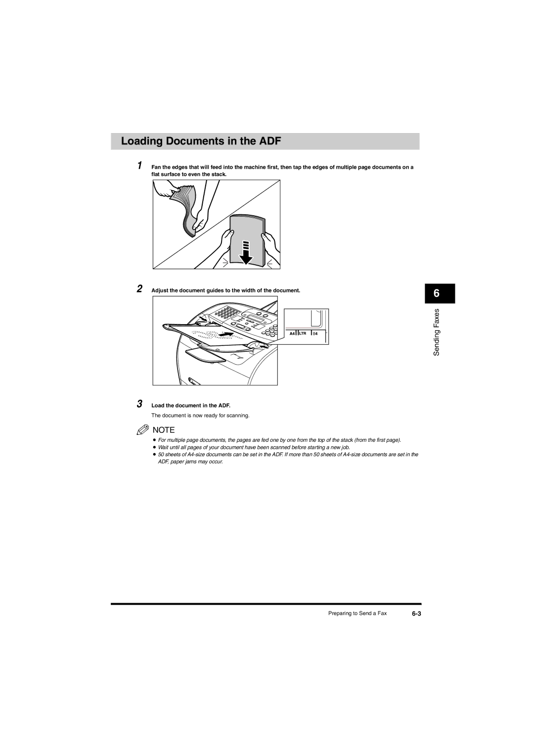 Canon L380S manual Loading Documents in the ADF, Sending Faxes 