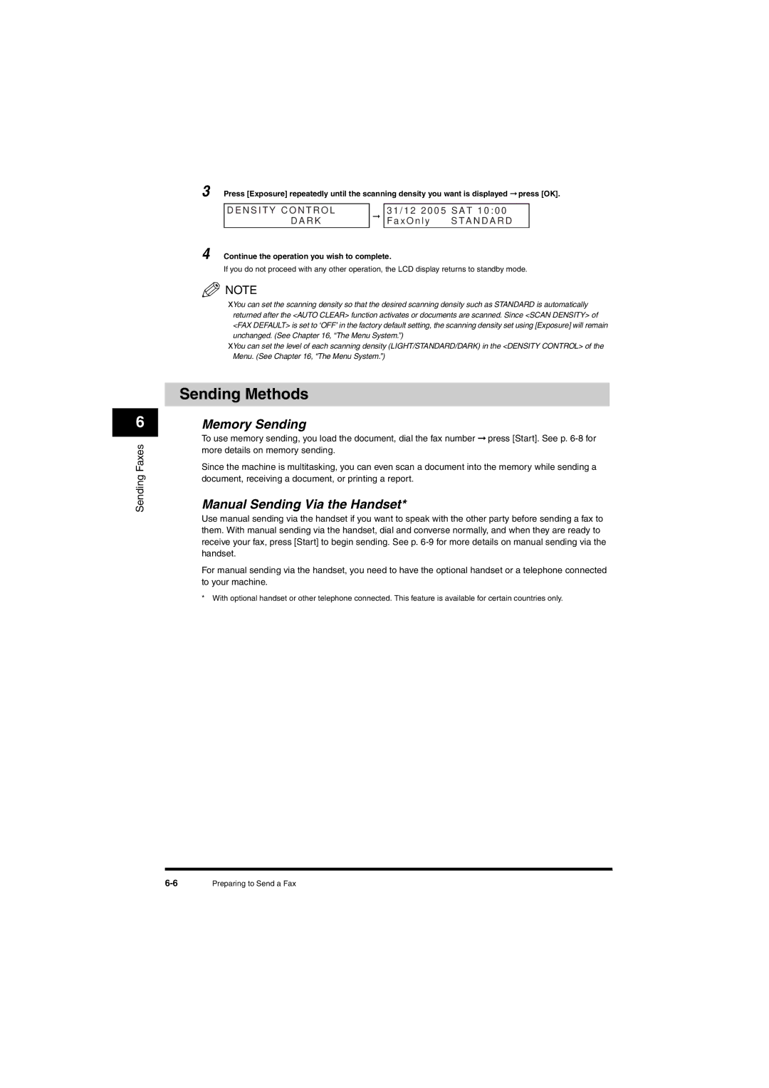 Canon L380S manual Sending Methods, Memory Sending, Manual Sending Via the Handset, Densit Y C O N TRO L 