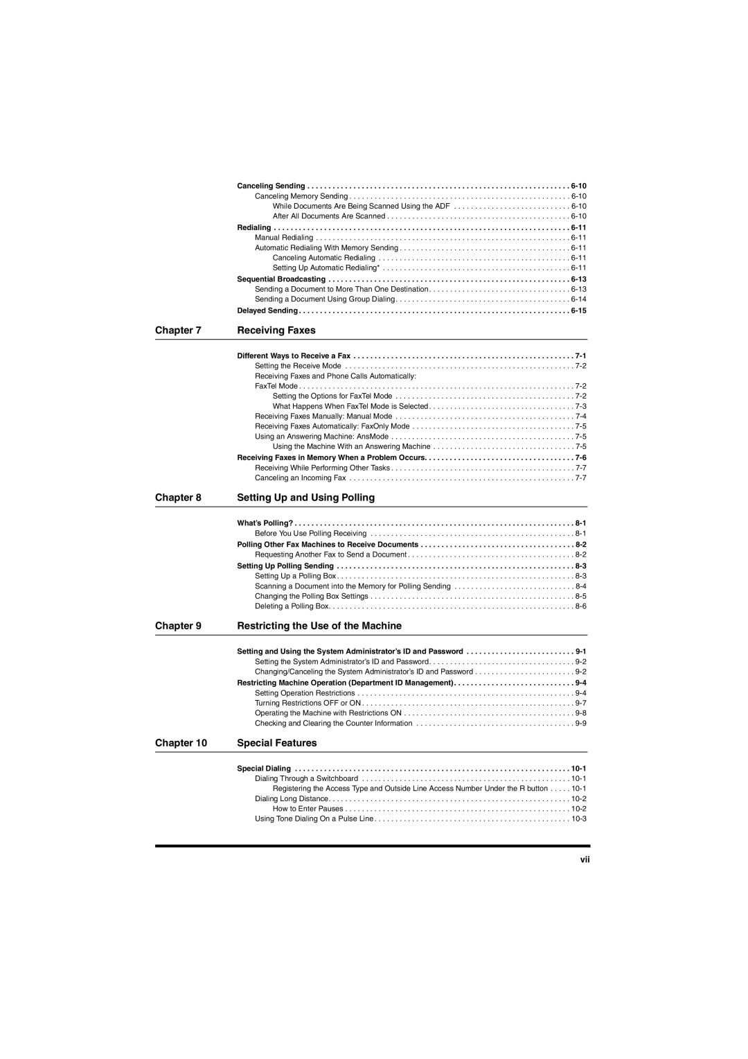 Canon L380S manual Chapter Receiving Faxes, Setting Up and Using Polling, Restricting the Use of the Machine, Vii 