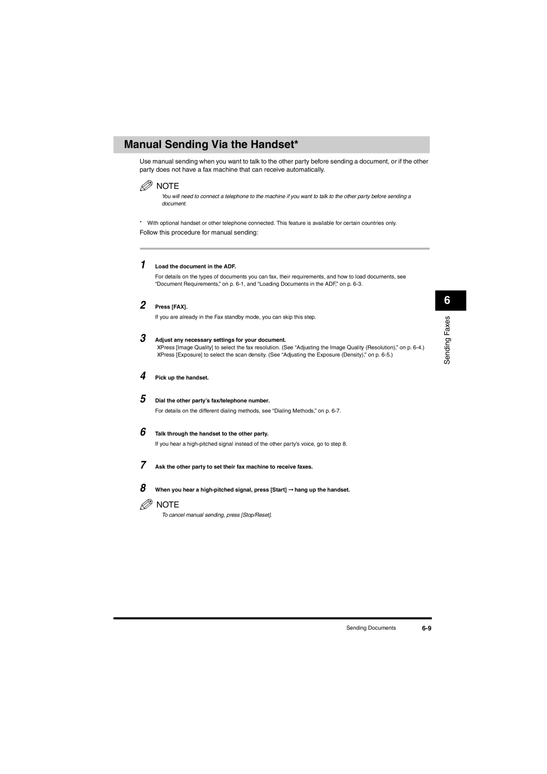 Canon L380S Manual Sending Via the Handset, Follow this procedure for manual sending 