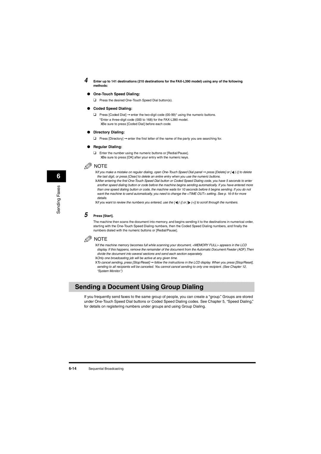 Canon L380S manual Sending a Document Using Group Dialing, One-Touch Speed Dialing, Coded Speed Dialing, Directory Dialing 