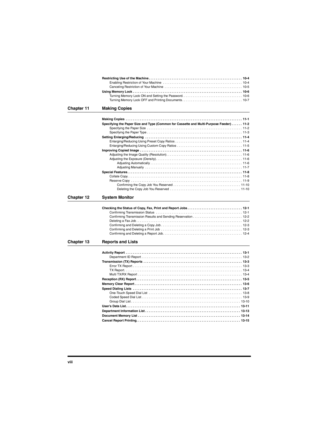 Canon L380S manual Chapter Making Copies, Chapter System Monitor, Reports and Lists, Viii 