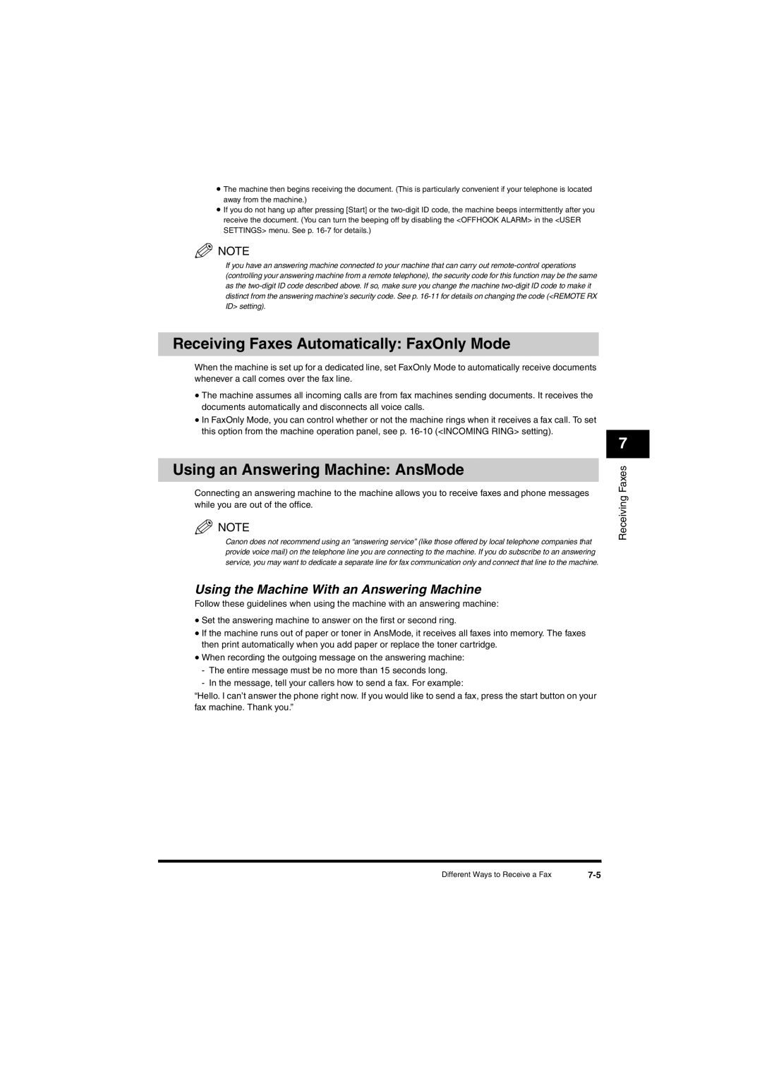 Canon L380S manual Receiving Faxes Automatically FaxOnly Mode, Using an Answering Machine AnsMode 