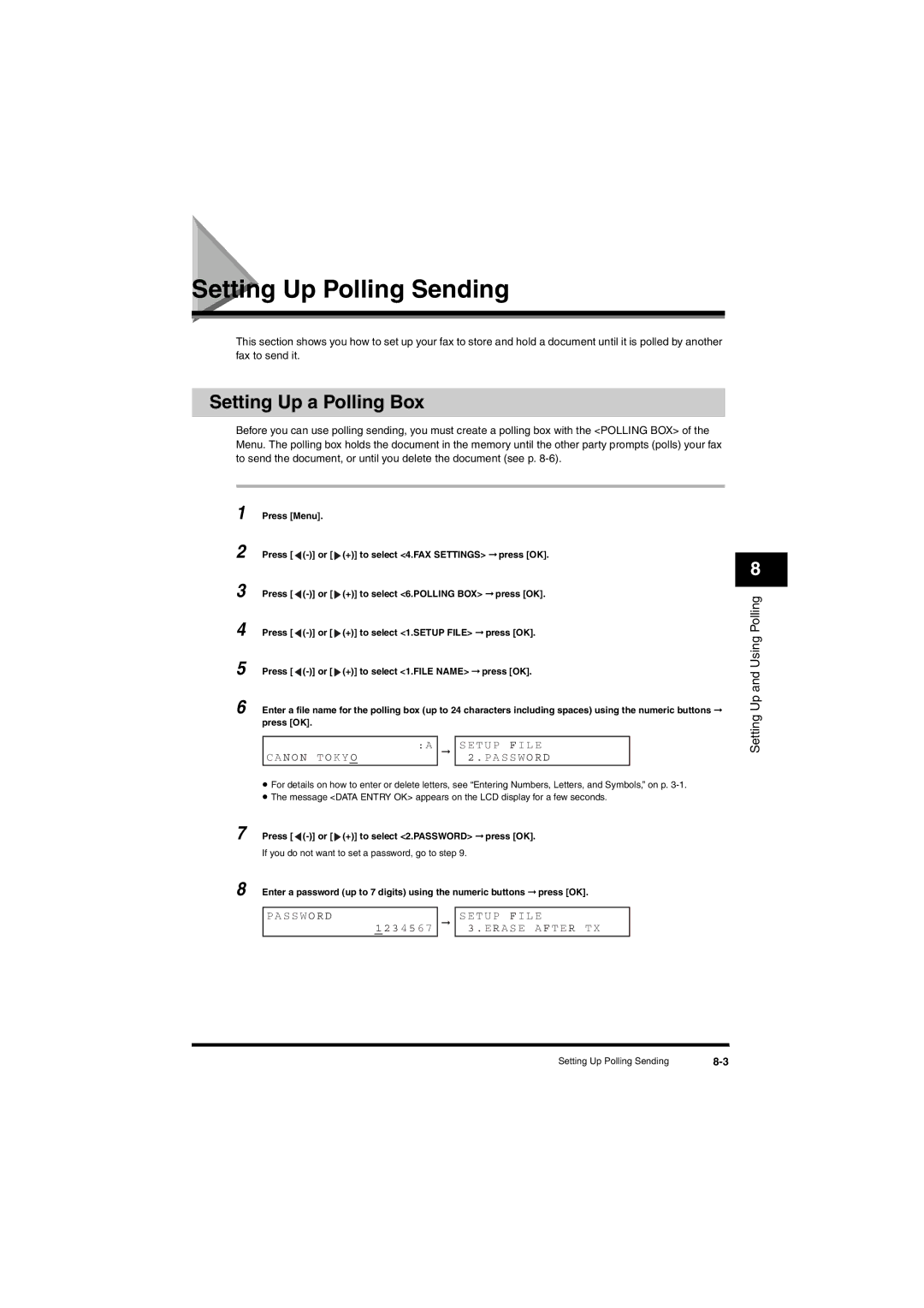 Canon L380S manual Setting Up Polling Sending, Setting Up a Polling Box, Setup F IL E, Canon T OKY O, Pas S Wo R D 