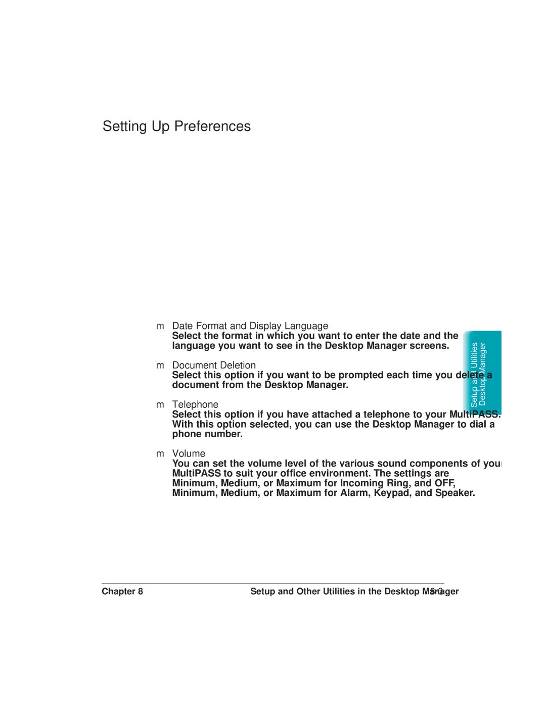 Canon L6000 manual Setting Up Preferences, Date Format and Display Language, Document Deletion, Telephone, Volume 