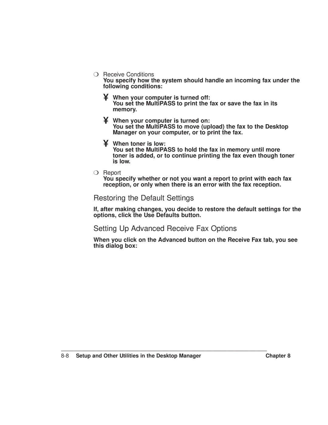 Canon L6000 manual Setting Up Advanced Receive Fax Options, Receive Conditions, Report 