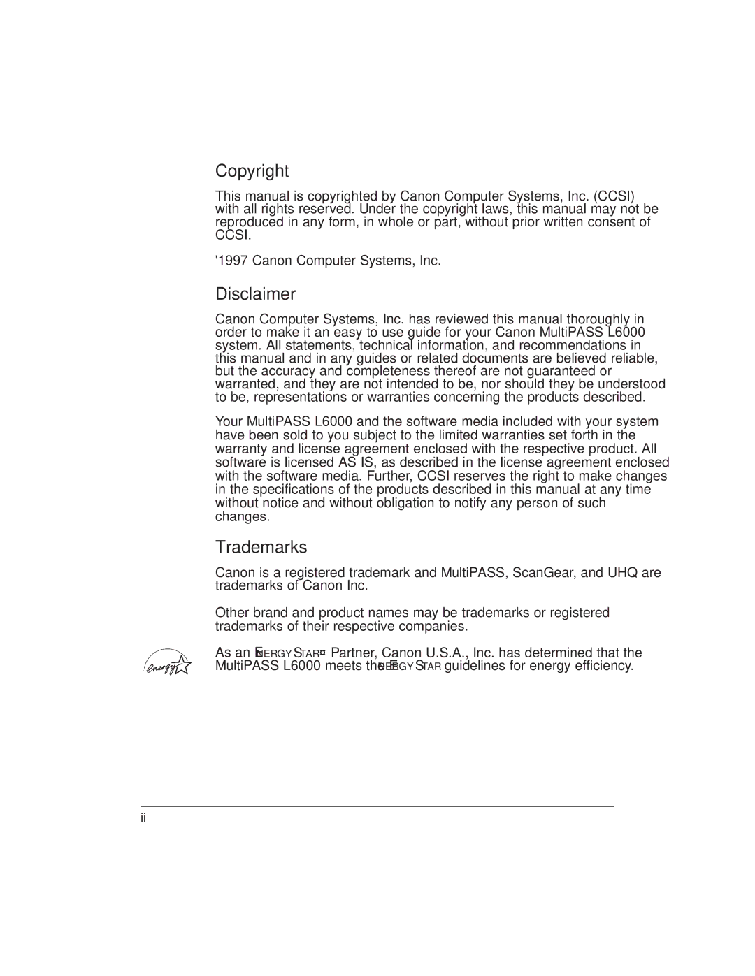 Canon L6000 manual Copyright, Disclaimer, Trademarks 