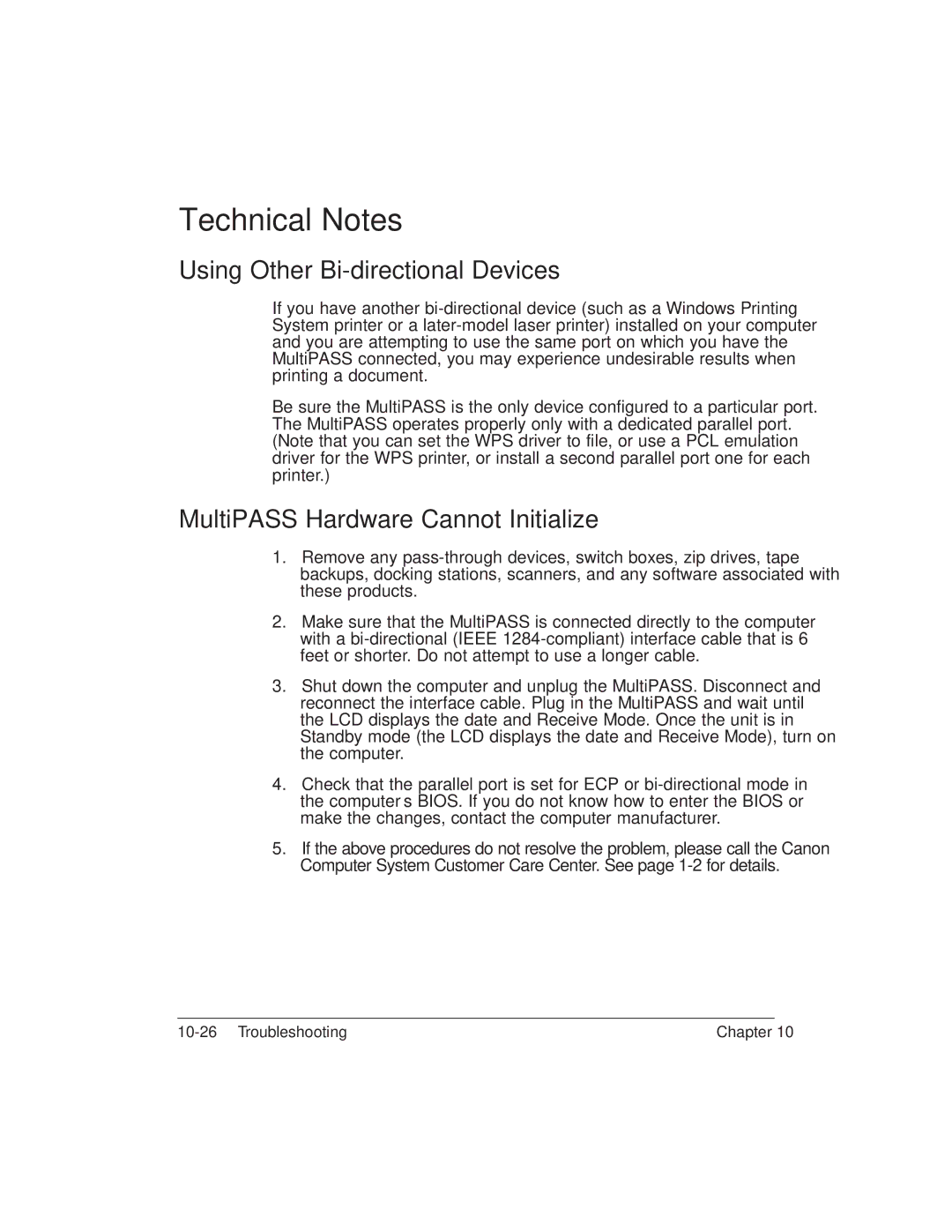 Canon L6000 manual Technical Notes, Using Other Bi-directional Devices, MultiPASS Hardware Cannot Initialize 