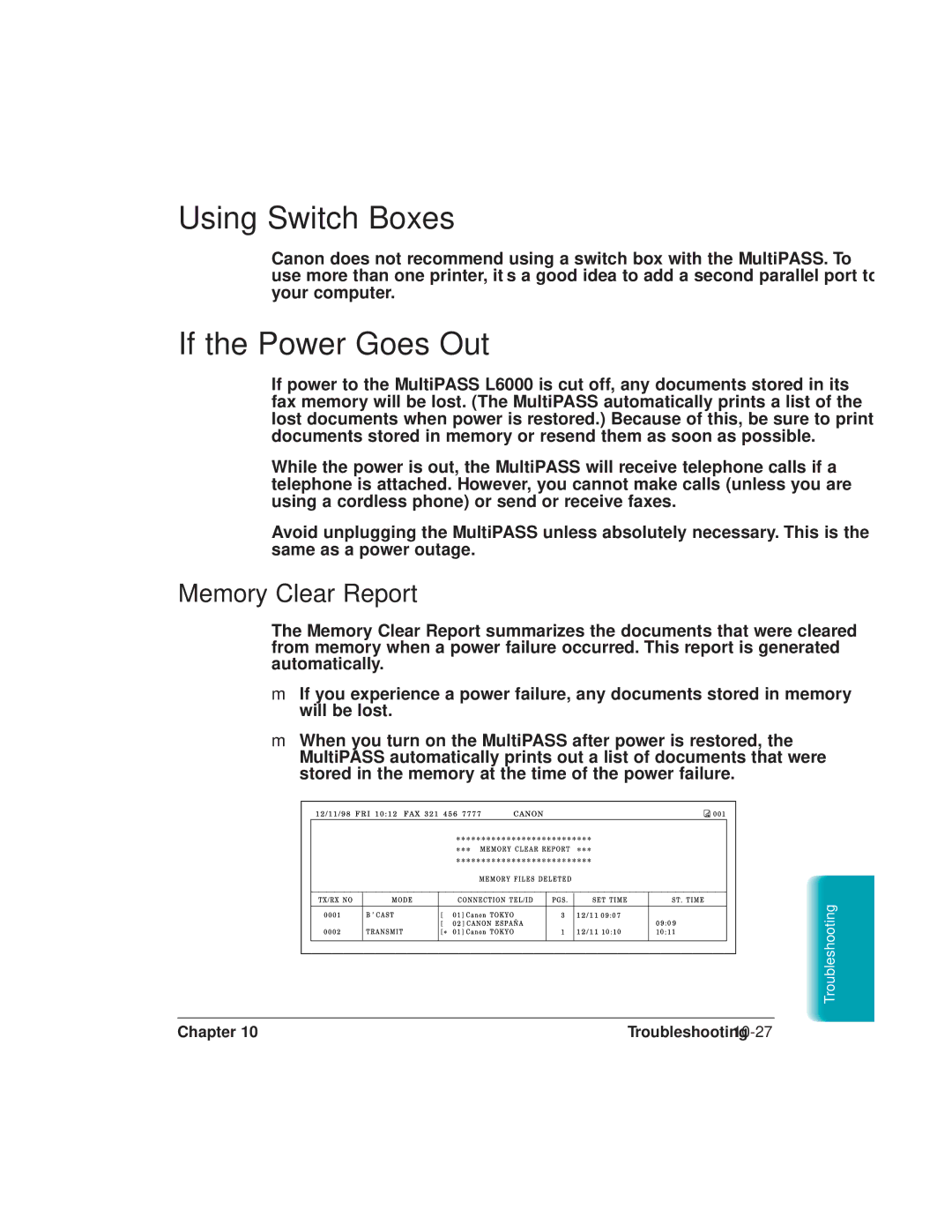 Canon L6000 manual Using Switch Boxes, If the Power Goes Out, Memory Clear Report 