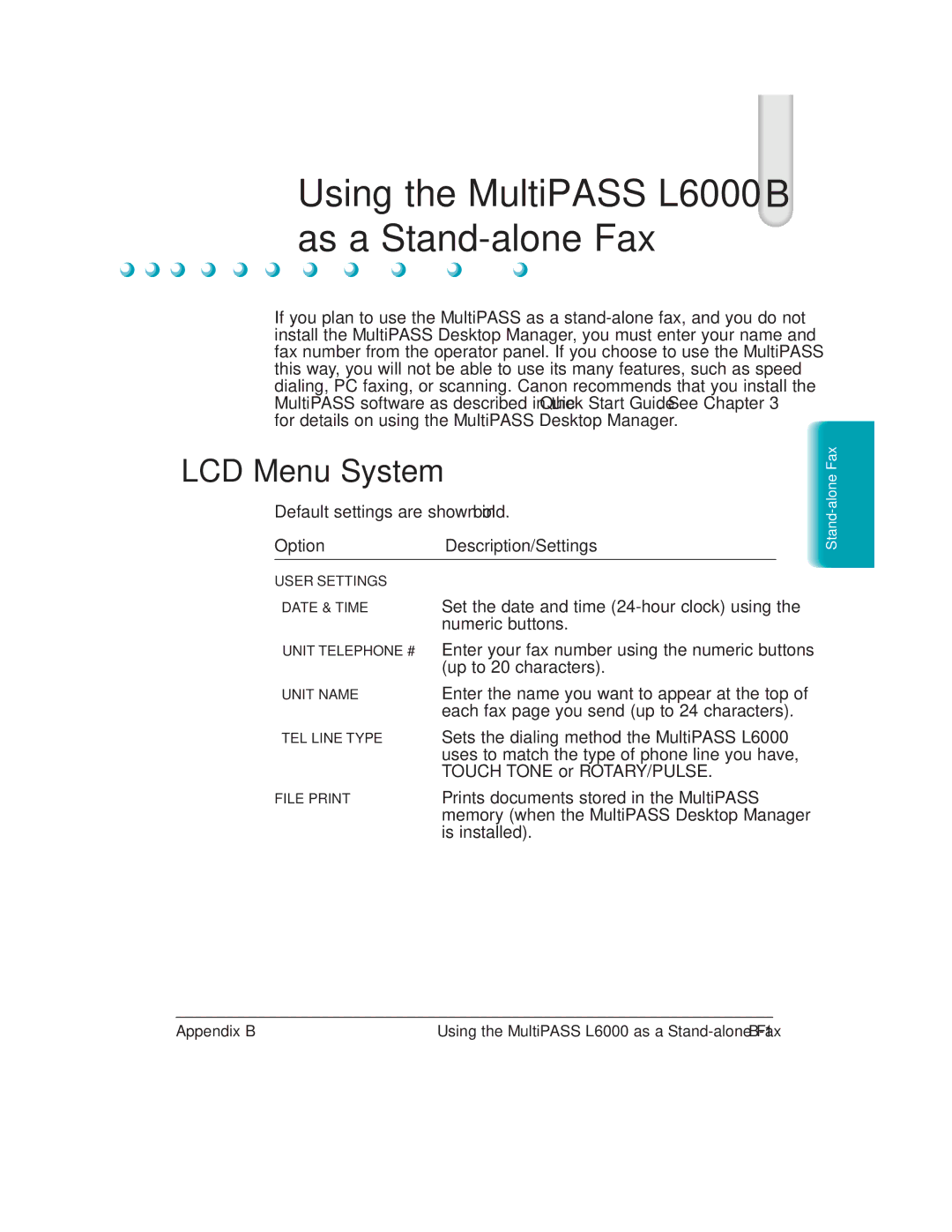 Canon L6000 manual LCD Menu System, Option Description/Settings 