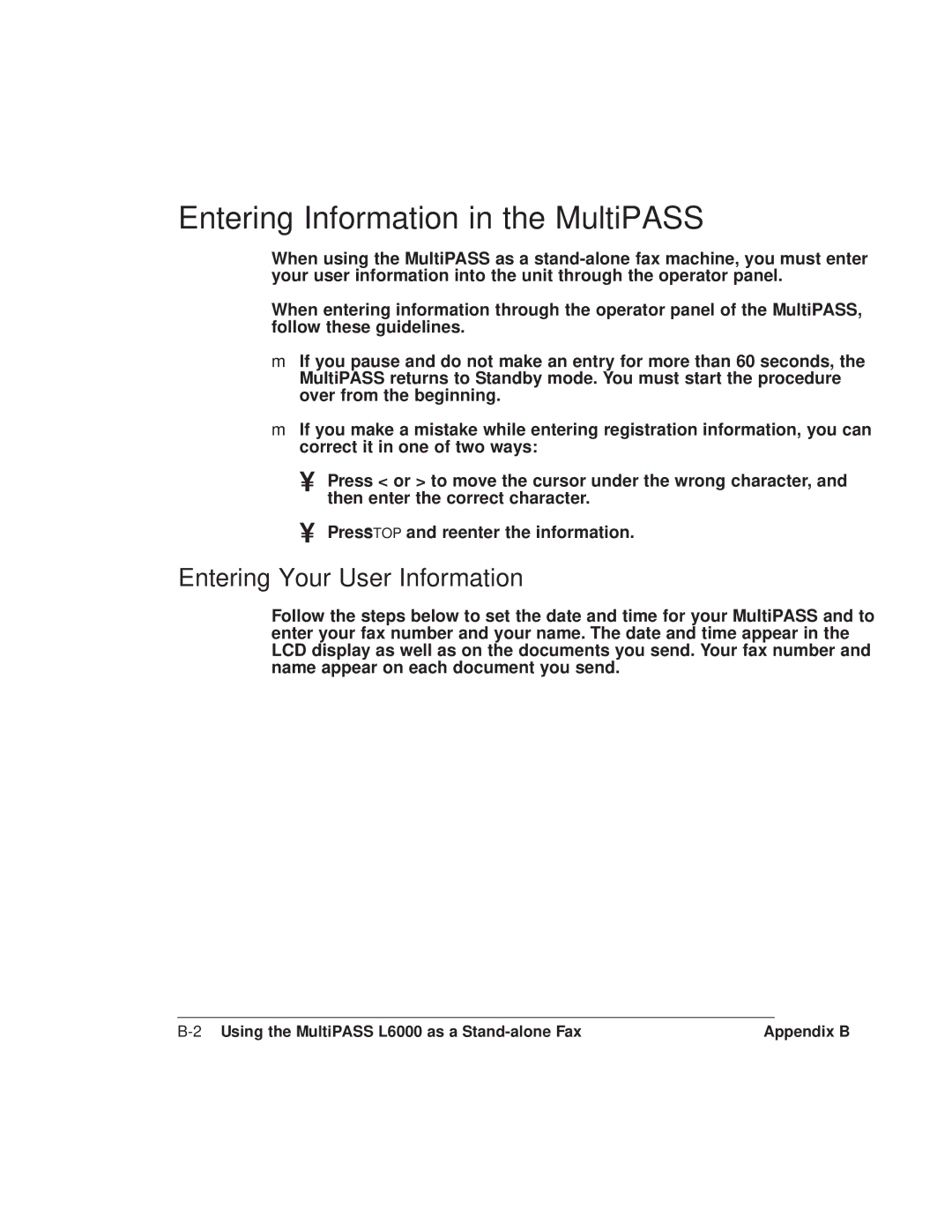 Canon L6000 manual Entering Information in the MultiPASS, Entering Your User Information 