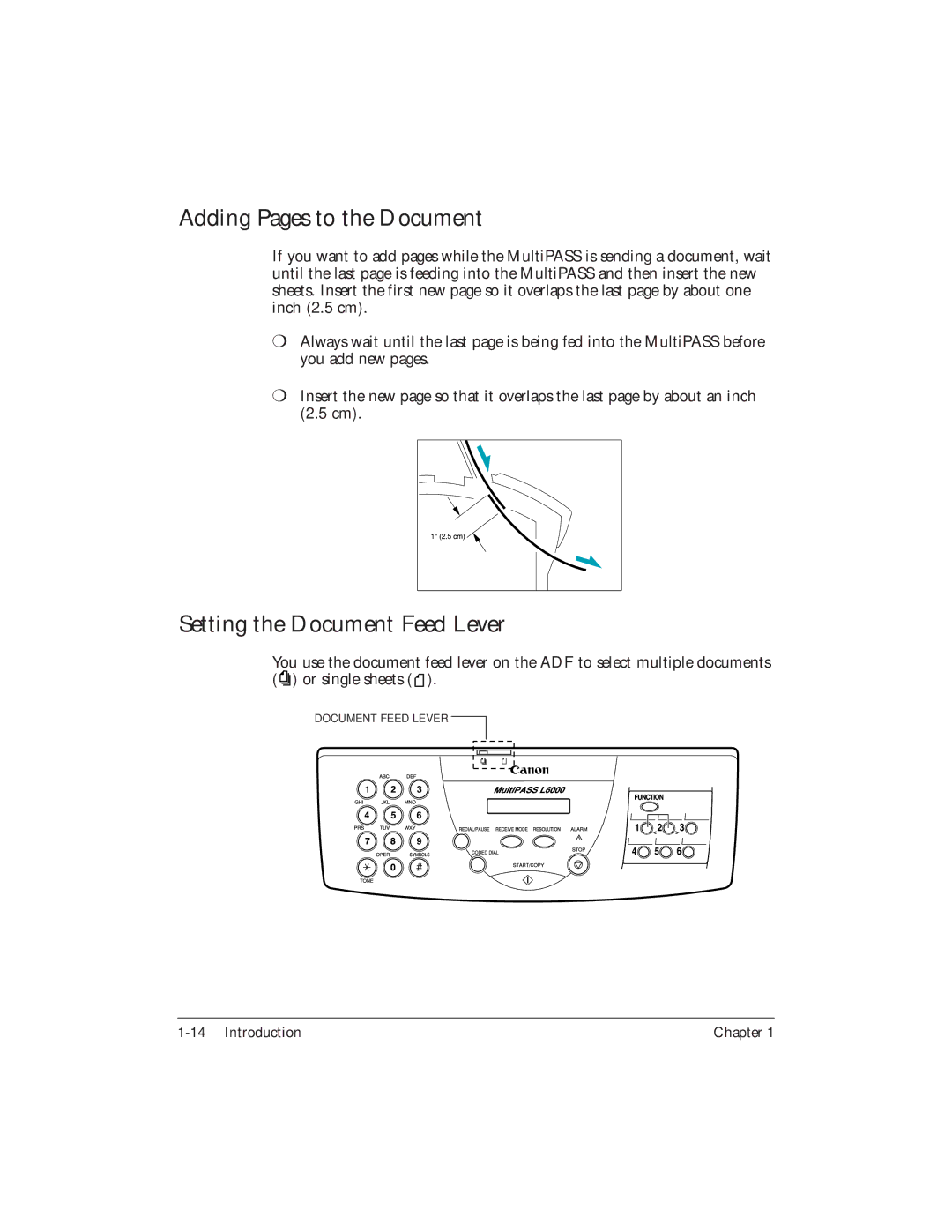 Canon L6000 manual Adding Pages to the Document, Setting the Document Feed Lever 