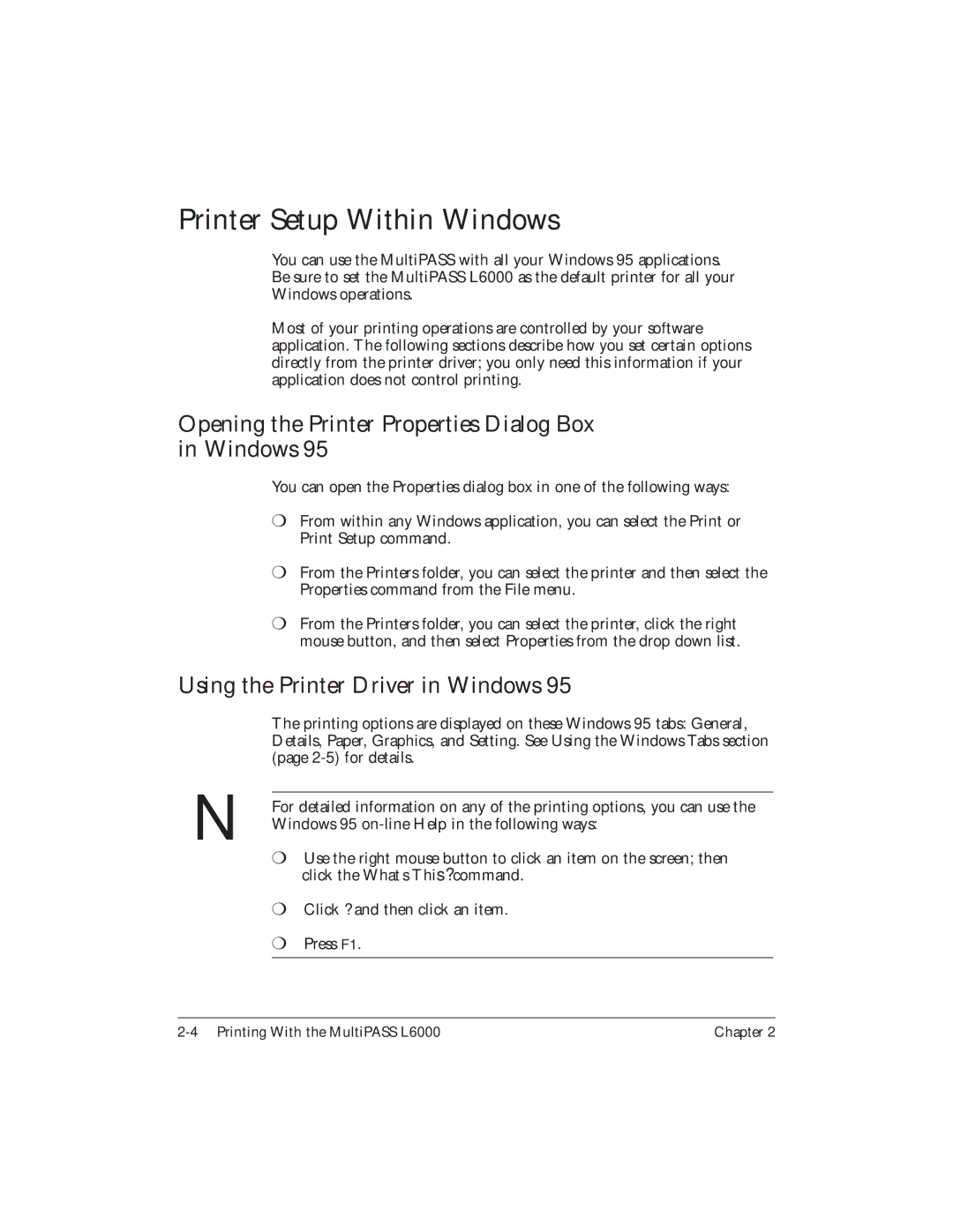 Canon L6000 manual Printer Setup Within Windows, Opening the Printer Properties Dialog Box in Windows 