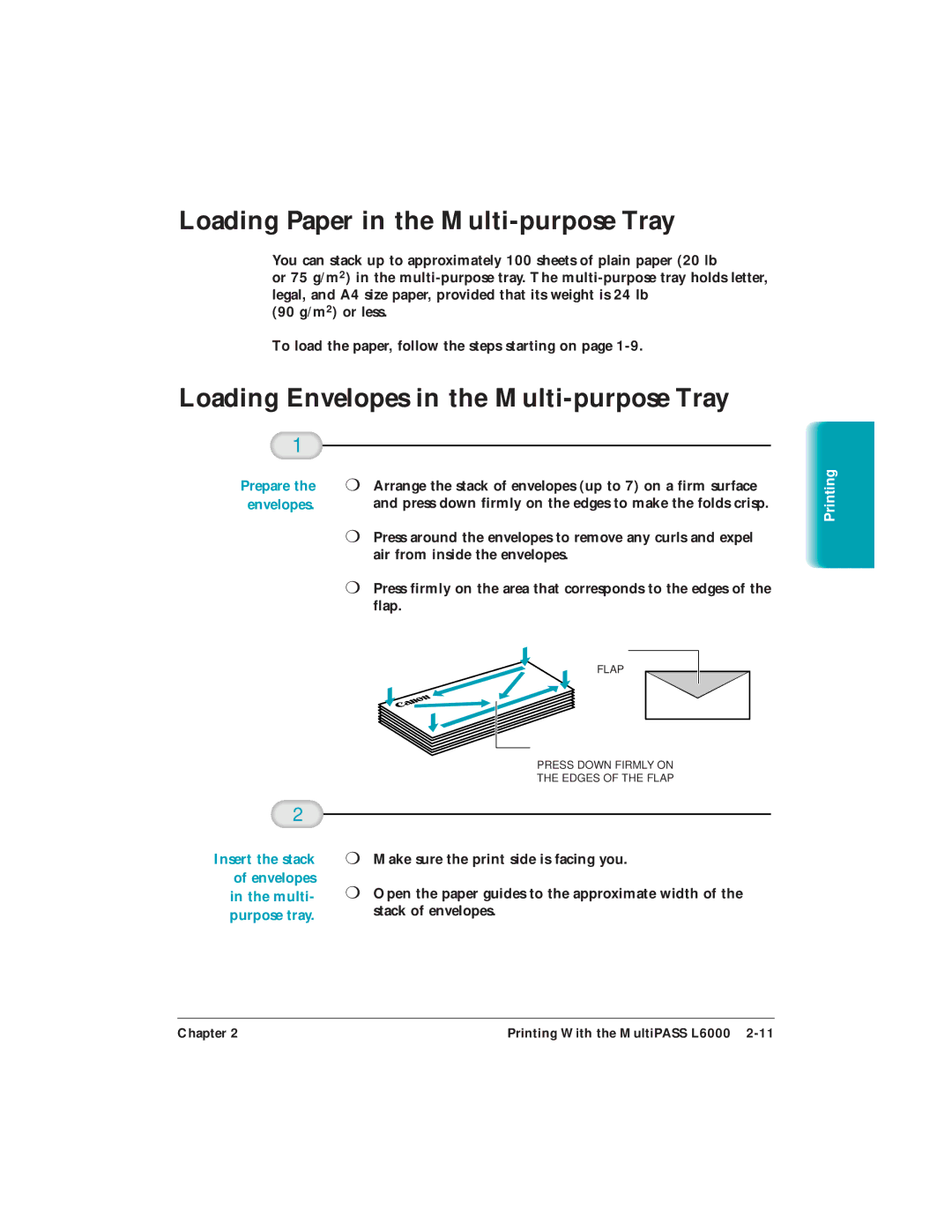 Canon L6000 manual Loading Envelopes in the Multi-purpose Tray, Prepare the envelopes 