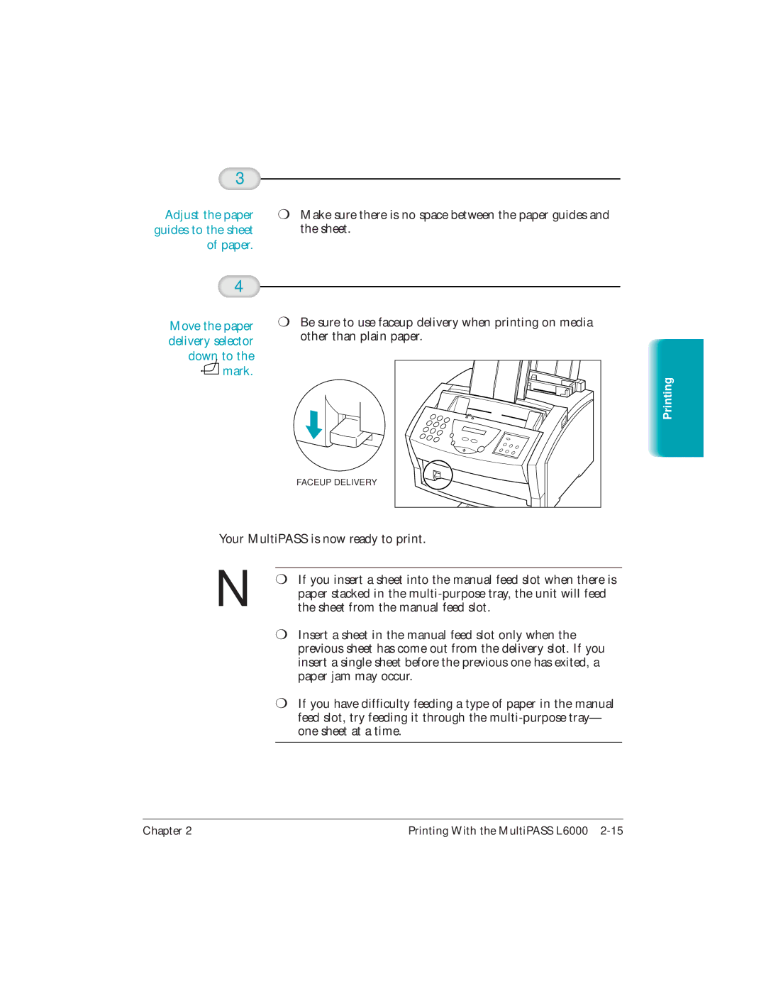 Canon L6000 manual Adjust the paper guides to the sheet of paper, Move the paper delivery selector down to the mark 