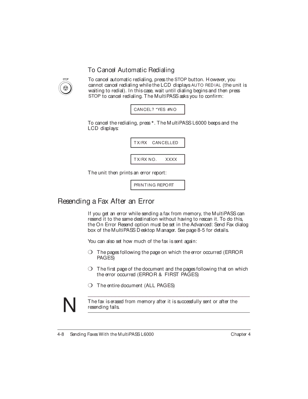 Canon L6000 manual Resending a Fax After an Error, To Cancel Automatic Redialing 