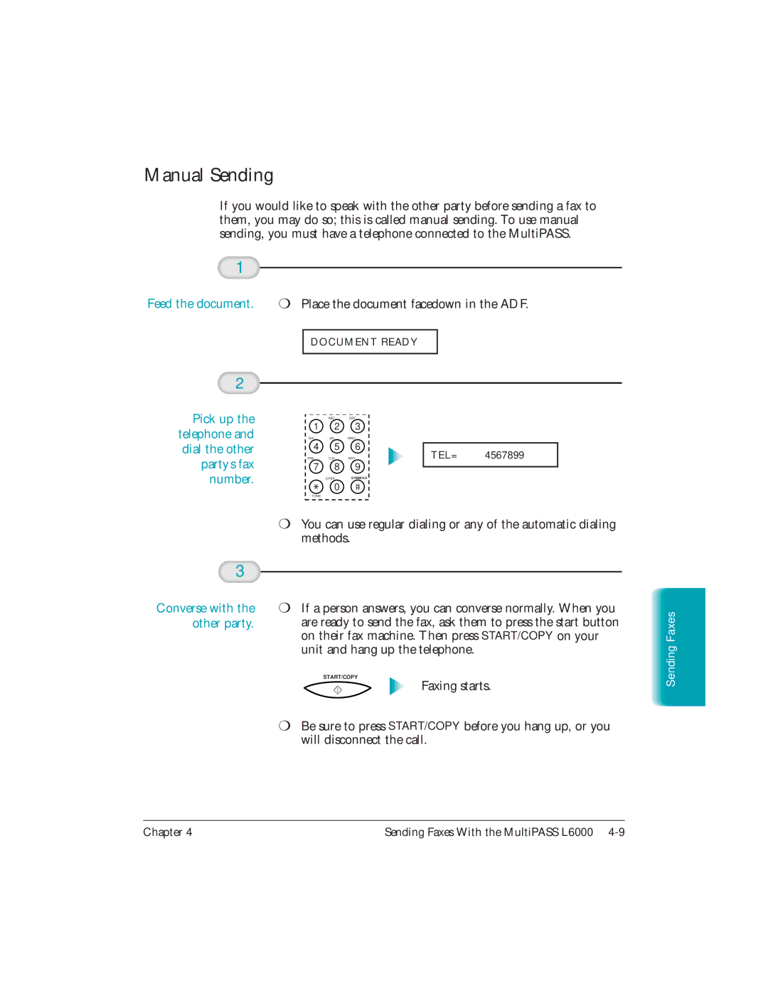 Canon L6000 manual Manual Sending, Pick up the telephone and dial the other party’s fax number 