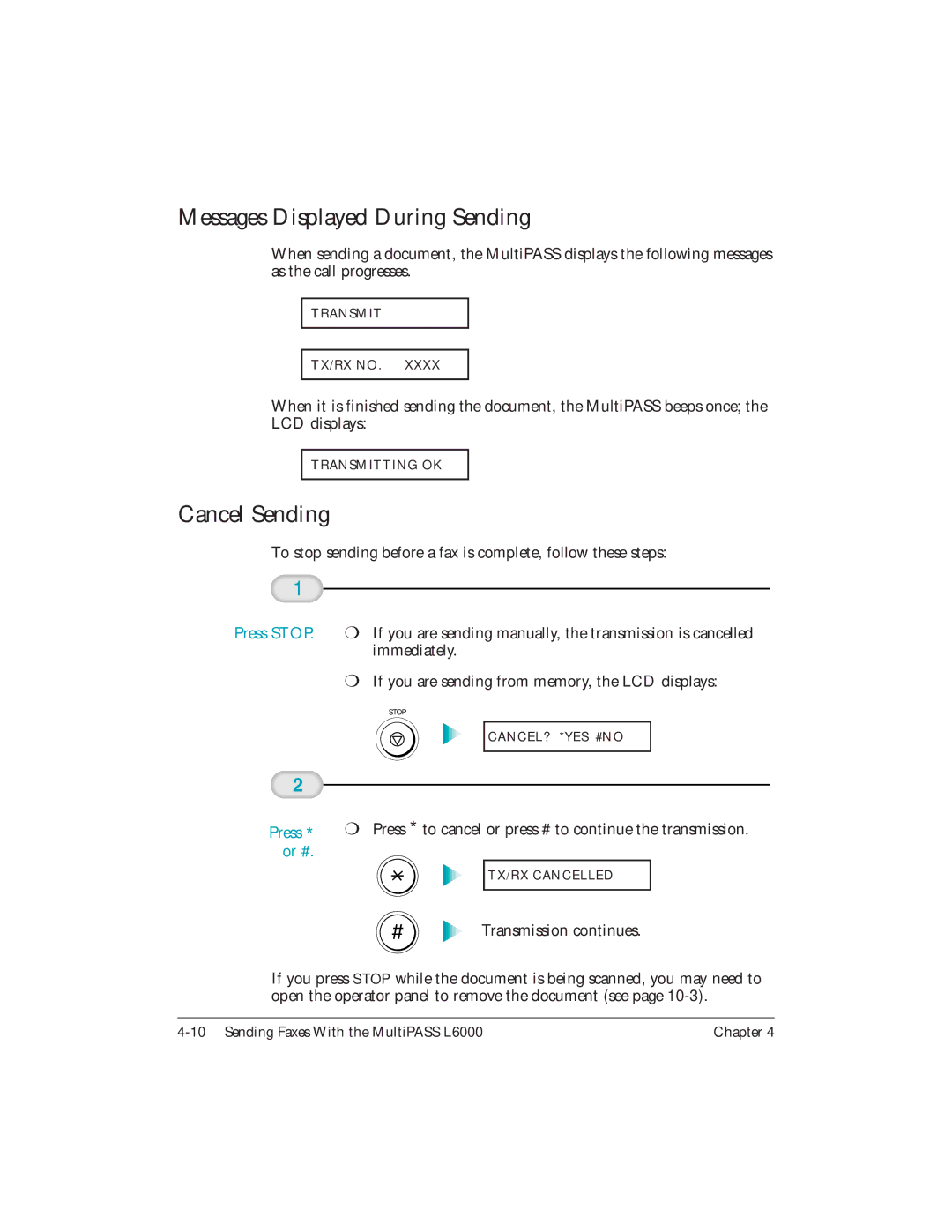 Canon L6000 manual Messages Displayed During Sending, Cancel Sending, Press Stop, Or # 