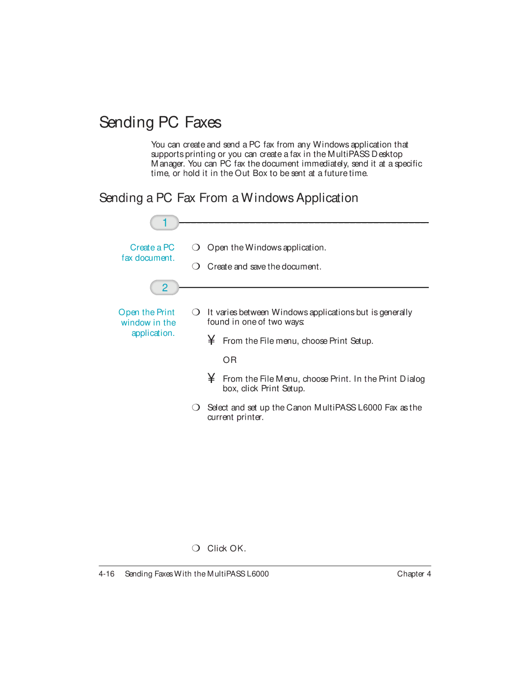 Canon L6000 manual Sending PC Faxes, Sending a PC Fax From a Windows Application, Open the Print window in the application 