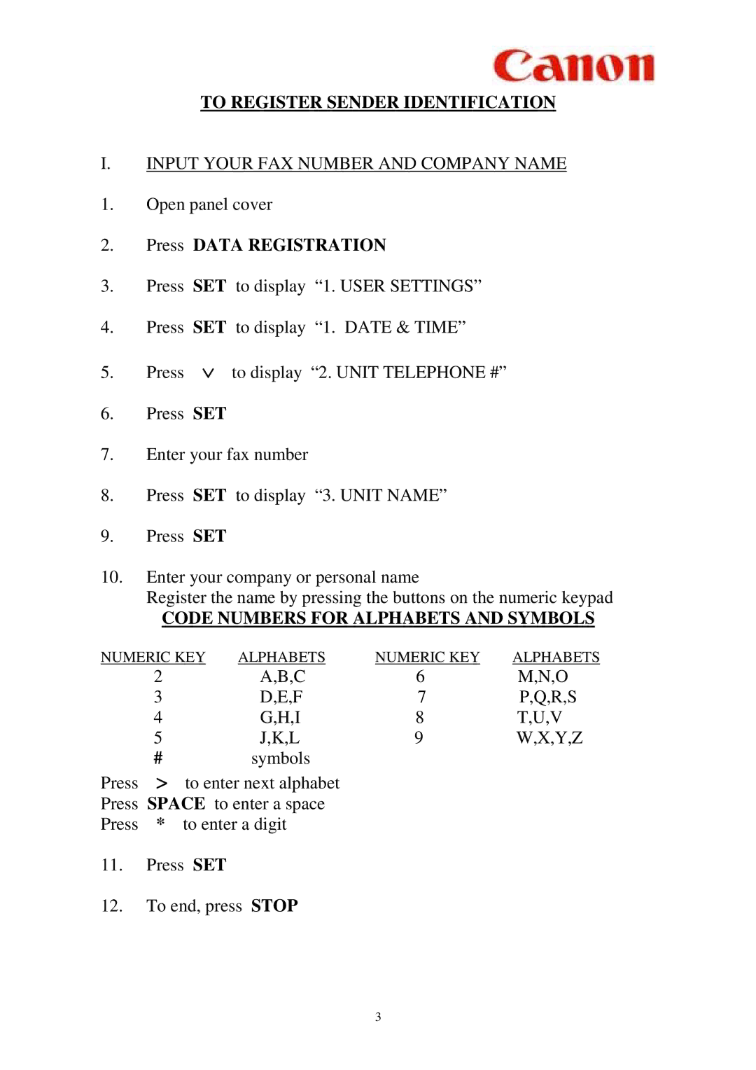 Canon L900 manual To Register Sender Identification, Press Data Registration, Code Numbers for Alphabets and Symbols 