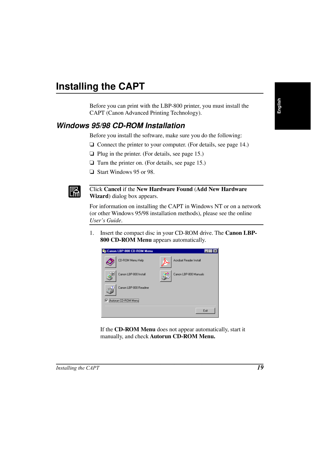 Canon LBP-800 manual Installing the Capt, Windows 95/98 CD-ROM Installation 