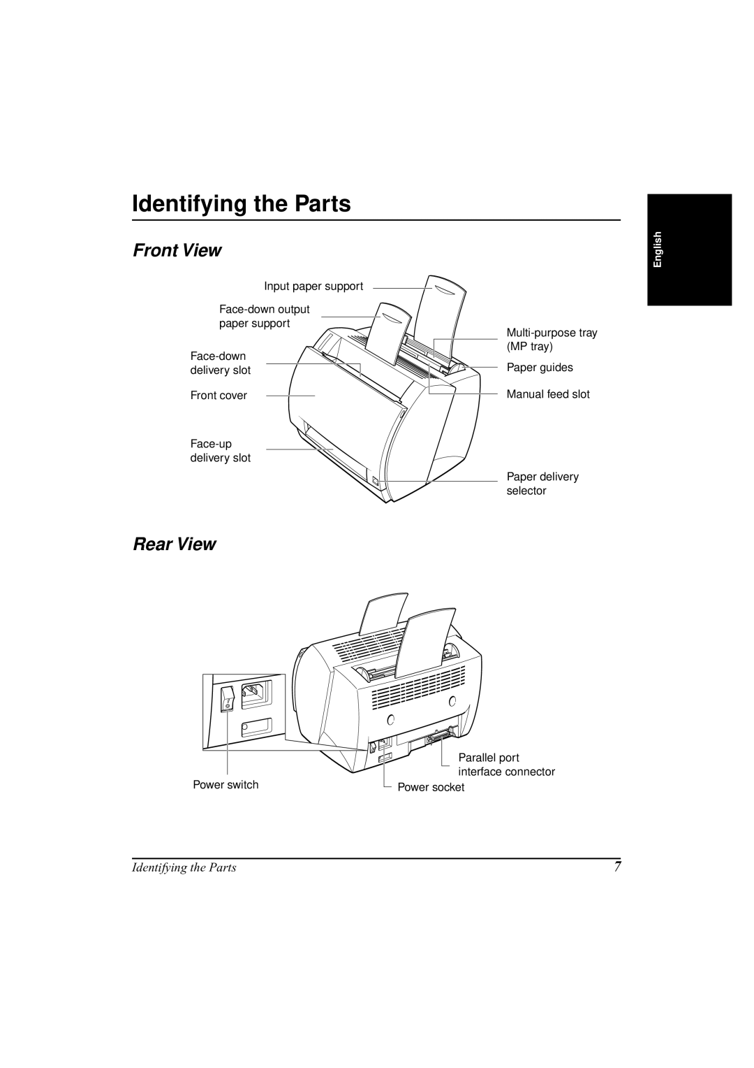 Canon LBP-800 manual Identifying the Parts, Front View, Rear View 