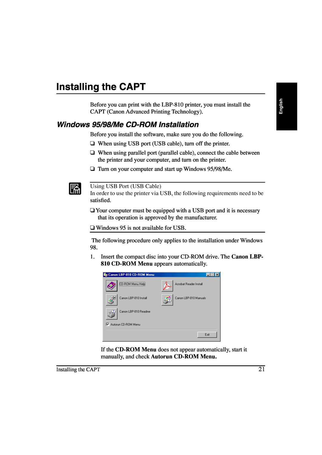 Canon LBP-810 manual Installing the CAPT, Windows 95/98/Me CD-ROMInstallation 