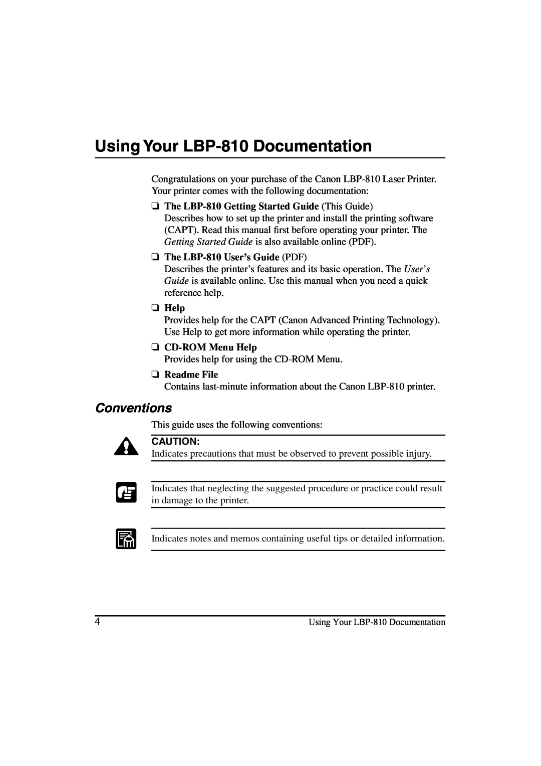 Canon manual Using Your LBP-810Documentation, Conventions 