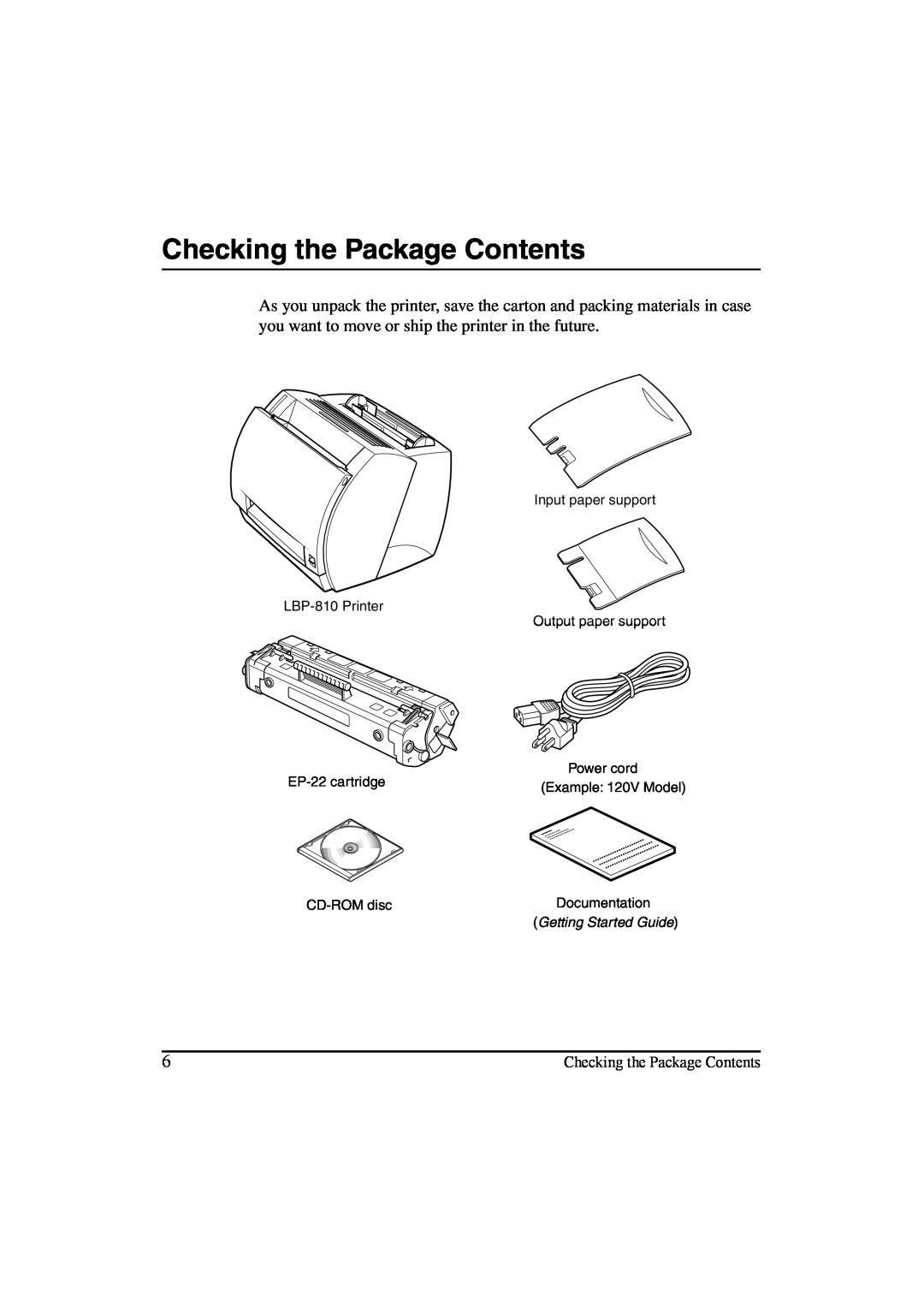 Canon LBP-810 manual Checking the Package Contents, Example: 120V Model, Documentation, Getting Started Guide 