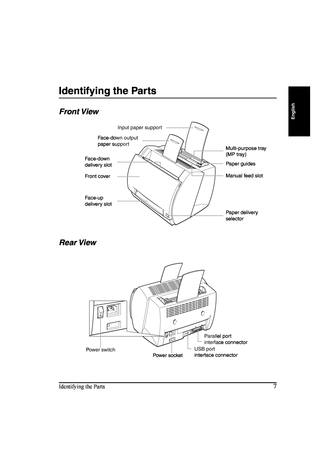 Canon LBP-810 manual Identifying the Parts, Front View, Rear View 