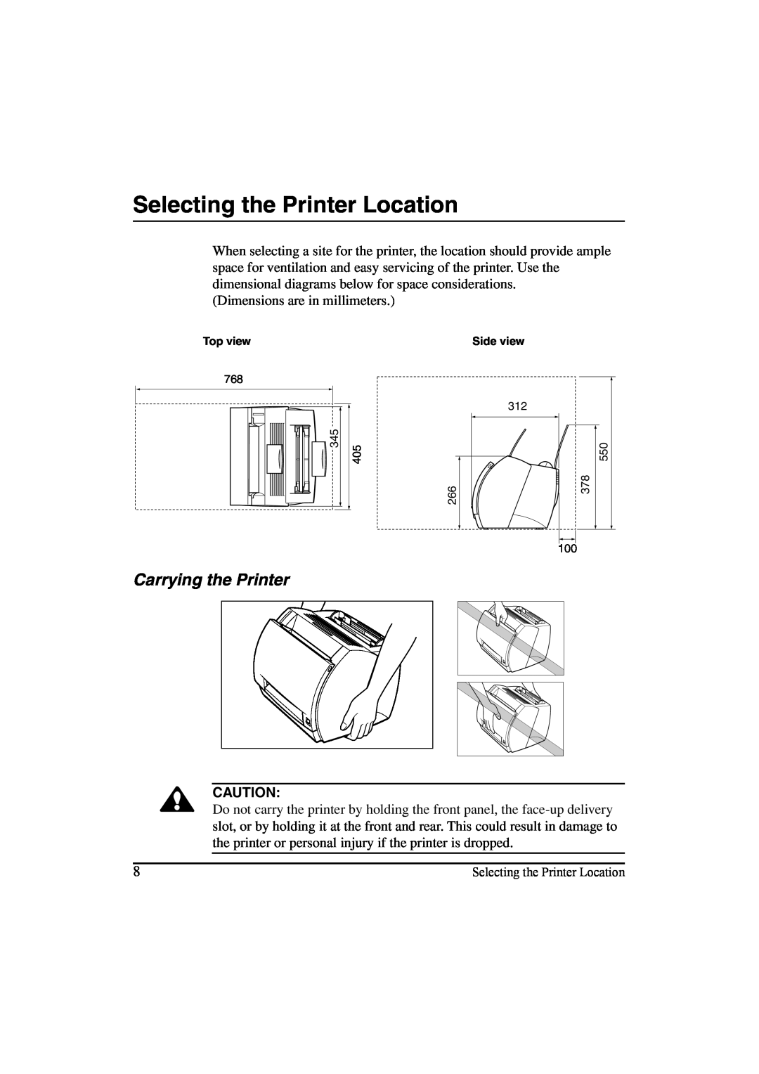 Canon LBP-810 manual Selecting the Printer Location, Carrying the Printer 