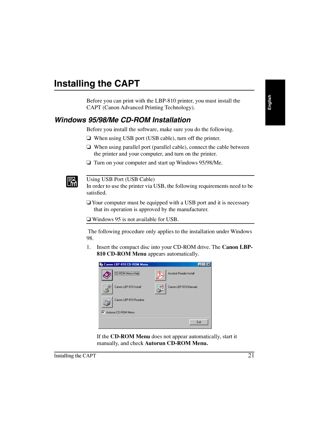 Canon LBP-810 manual Installing the Capt, Windows 95/98/Me CD-ROM Installation 