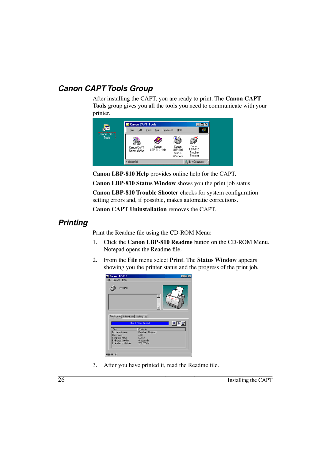 Canon LBP-810 manual Canon Capt Tools Group, Printing 