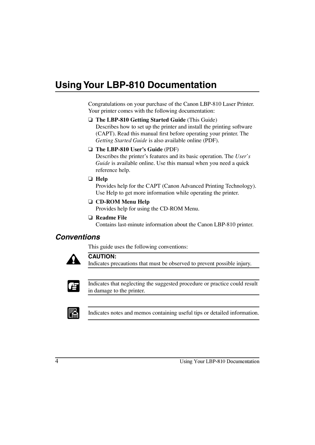 Canon manual Using Your LBP-810 Documentation, Conventions 